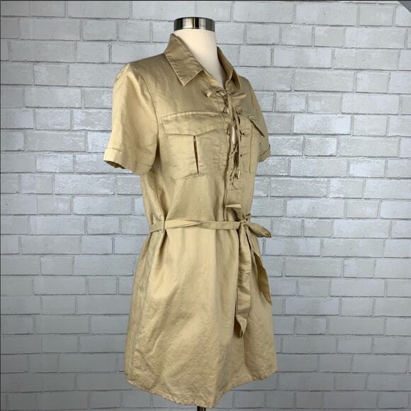L'ACADEMIE REVOLVE Khaki Tan Cream Safari Lace-Up Short Sleeve Tie Dress Small - Picture 5 of 8